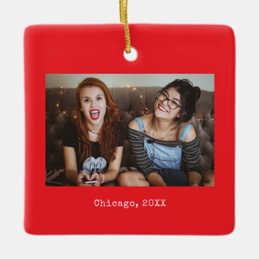 Red Photo Keepsake Christmas セラミックオーナメント (正面)