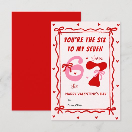 Red Pink 6 7 Meme Coquette Bow Valentines Day Card ノートカード (正面/裏面)