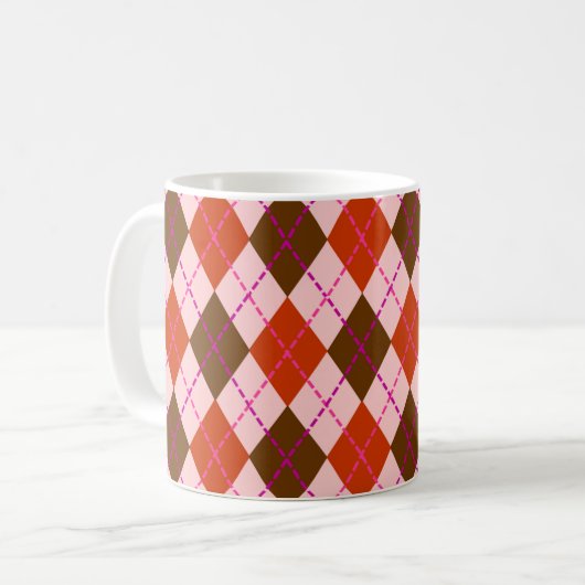 Red Pink and Brown Argyle Pattern コーヒーマグカップ (正面左)