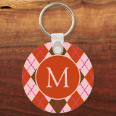Red Pink and Brown Argyle Pattern Monogram キーホルダー (正面)