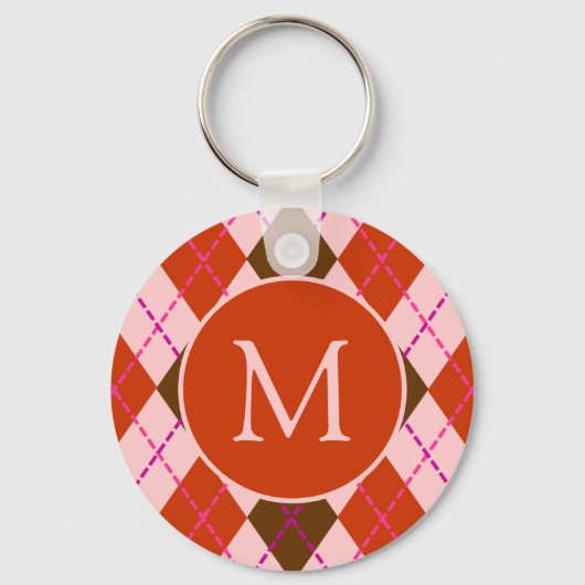 Red Pink and Brown Argyle Pattern Monogram キーホルダー (裏面)