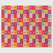 Red Pink Aqua Yellow Merry and Bright Checkers ラッピングペーパー (フラット)