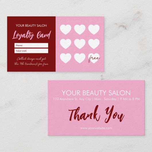 Red Pink Beauty Salon Loyalty ThankYou Reward Card ロイヤリティカード (正面/裏面)
