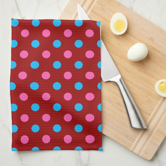 Red Pink Blue Polka Dot Pattern キッチンタオル (四つ折り)
