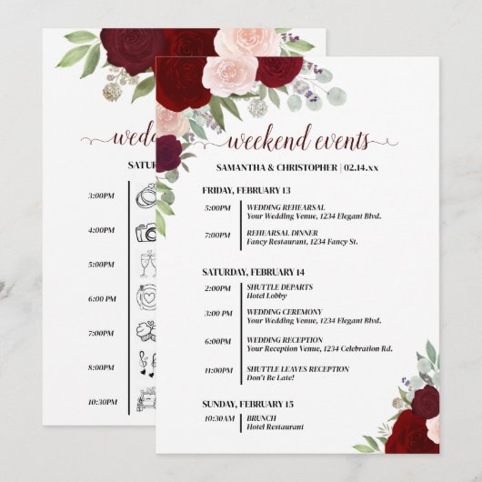 Red & Pink Boho Roses Wedding Events & Timeline プログラム (正面/裏面)