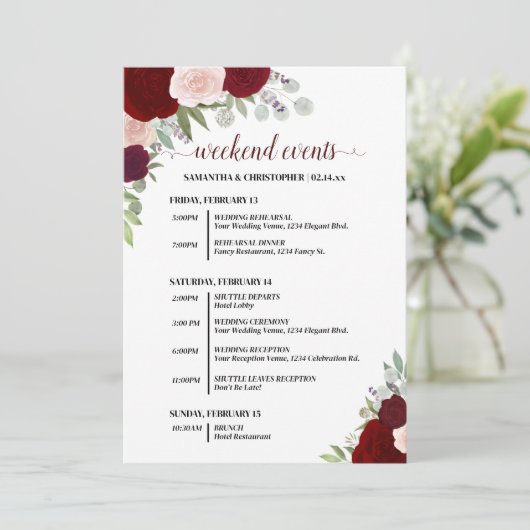 Red & Pink Boho Roses Wedding Events & Timeline プログラム (スタンド正面)
