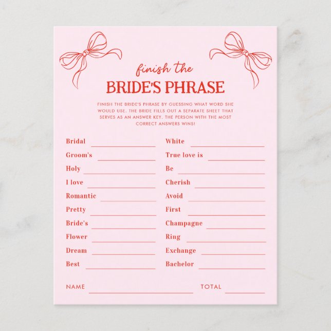 Red & Pink Bow Finish the Bride's Phrase Game (正面)