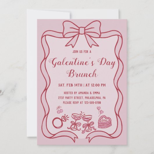 Red Pink Bow Galentine's Day Brunch Party 招待状 (正面)