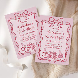 Red Pink Bow Galentine's Girls Night Party 招待状