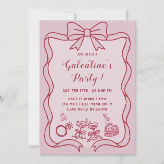 Red Pink Bow Galentine's  Party 招待状 (正面)