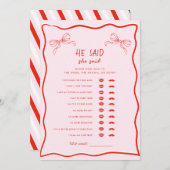 Red Pink Bow He Said She Said Bridal Shower Game 招待状 (正面/裏面)