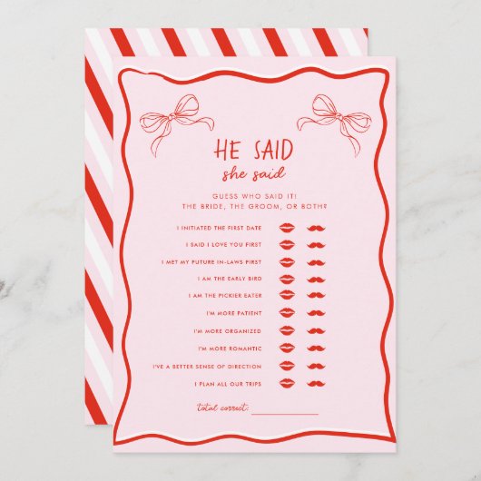 Red Pink Bow He Said She Said Bridal Shower Game 招待状 (正面/裏面)