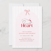 Red Pink Bow Stripe Little Sweetheart 1st Birthday 招待状 (正面)