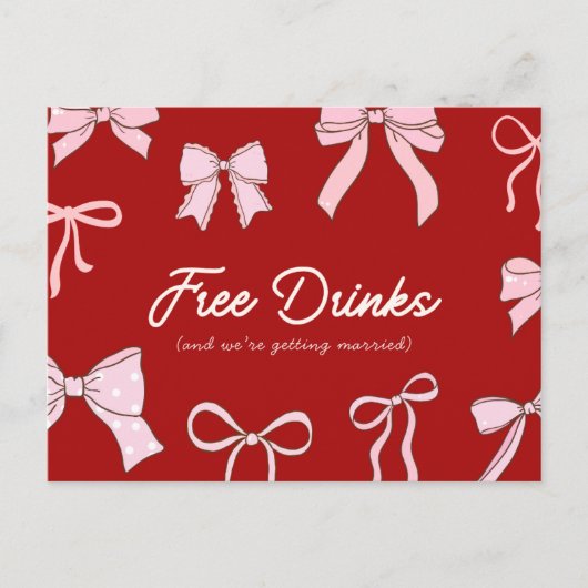 Red Pink Coquette Bow Free Drinks Save the Date 案内ポストカード (正面)
