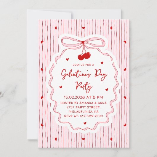 Red Pink Coquette Cherry Bow Galentine's Day Party 招待状 (正面)