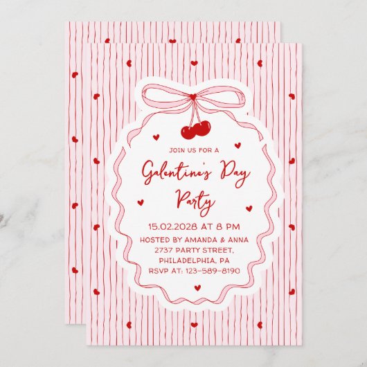 Red Pink Coquette Cherry Bow Galentine's Day Party 招待状 (正面/裏面)