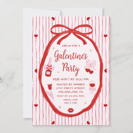 Red Pink Coquette Hand Drawn Galentine's Party  招待状 (正面)