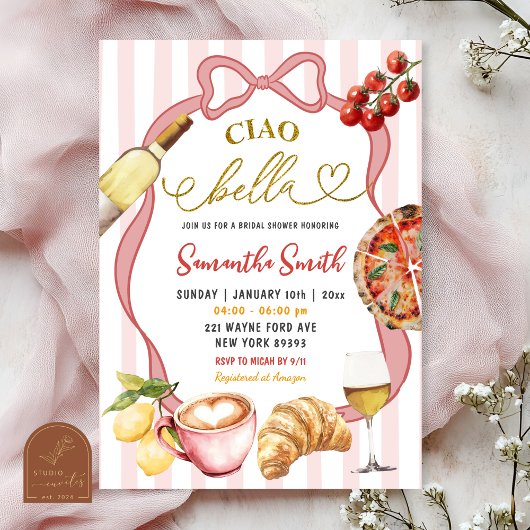 Red Pink Coquette Stripes Italy Ciao Bella Bridal 招待状