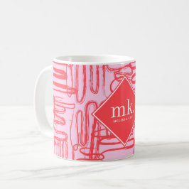 Red Pink Curve Wavy Squiggle Abstract Monogrammed コーヒーマグカップ