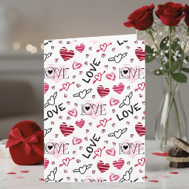 Red Pink Doodle Hearts Pattern Valentine's Day カード