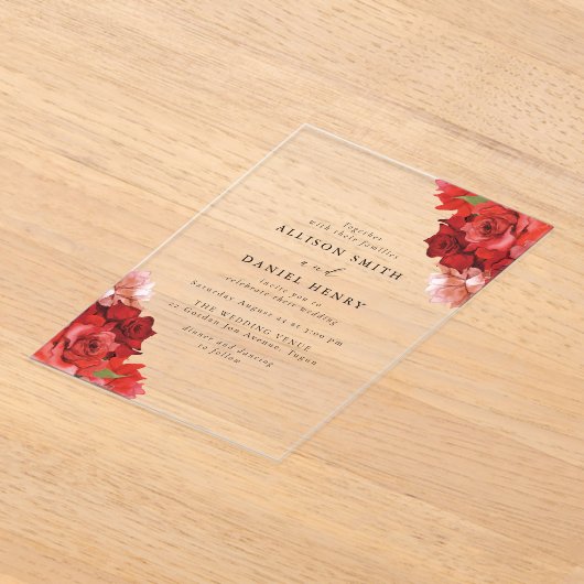Red & Pink Floral Elegant Wedding アクリル招待状 (レイダウン)