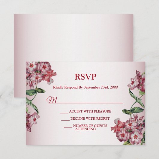 Red Pink Floral Green Leaves Modern Wedding Party 出欠カード (正面/裏面)