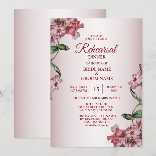 Red Pink Floral Green Wedding Rehearsal Dinner 招待状 (正面/裏面)
