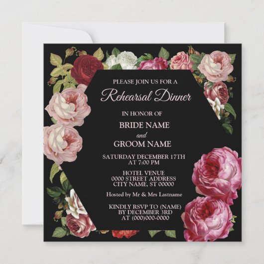 Red Pink Floral Greenery Black Rehearsal Dinner 招待状 (正面)