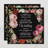 Red Pink Floral Greenery Rustic Black Wedding 招待状 (正面/裏面)