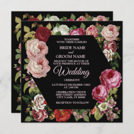 Red Pink Floral Greenery Rustic Black Wedding 招待状