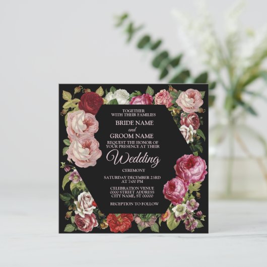 Red Pink Floral Greenery Rustic Black Wedding 招待状 (スタンド正面)