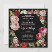 Red Pink Floral Greenery Rustic Black Wedding 招待状 (正面)