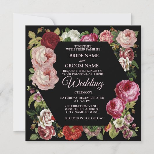 Red Pink Floral Greenery Rustic Black Wedding 招待状 (正面)