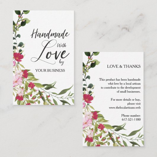 Red & Pink Floral Wreath Handmade with Love Quote 名刺 (正面/裏面)