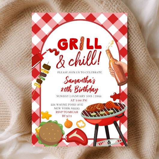 Red Pink Gingham Birthday BBQ invitation 招待状
