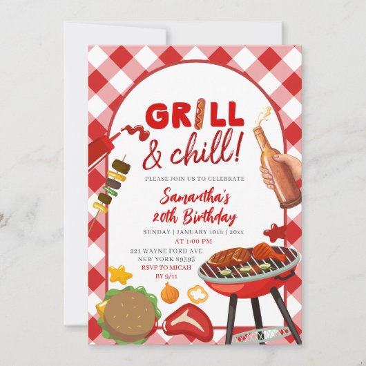 Red Pink Gingham Birthday BBQ invitation 招待状 (正面)