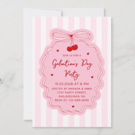Red Pink Girly Coquette Bow Galentine's Day Party 招待状 (正面)