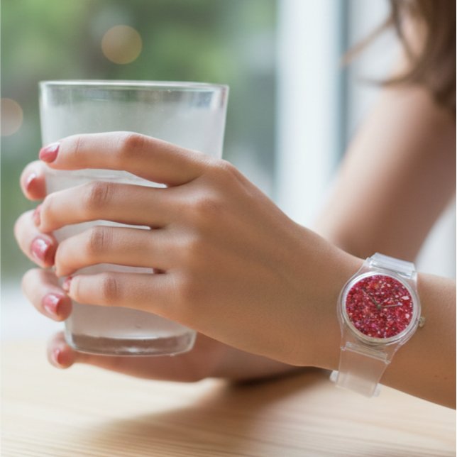 Red Pink Glitter Clear Strap Women's Watch 腕時計 (クリエイターアップロード済み)