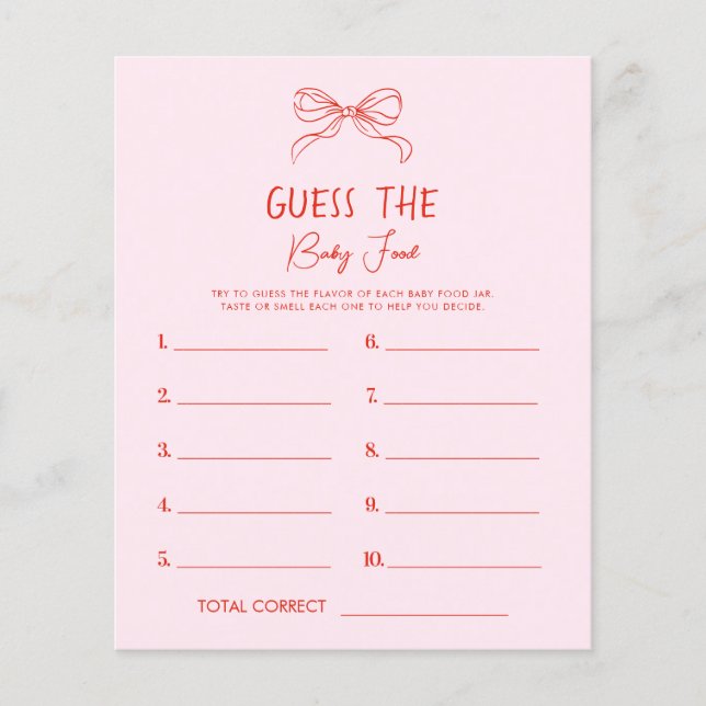 Red Pink Hand Drawn Bow Guess The Baby Food Game (正面)