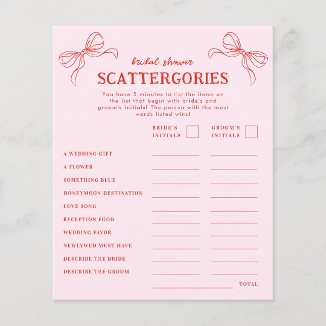 Red Pink Hand Drawn Bow Holiday Scattergories Game (正面)
