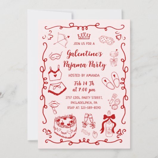 Red Pink Hand Drawn Galentine's Day Pajama Party 招待状 (正面)