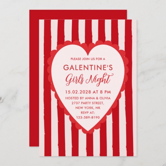 Red Pink Hand Drawn Galentine's Girls Night Party 招待状 (正面/裏面)