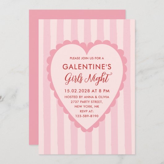 Red Pink Hand Drawn Galentine's Girls Night  Party 招待状 (正面/裏面)