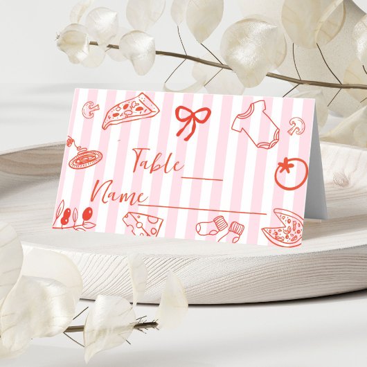 Red & Pink Hand Drawn Pizza Baby Shower Place Card プレイスカード