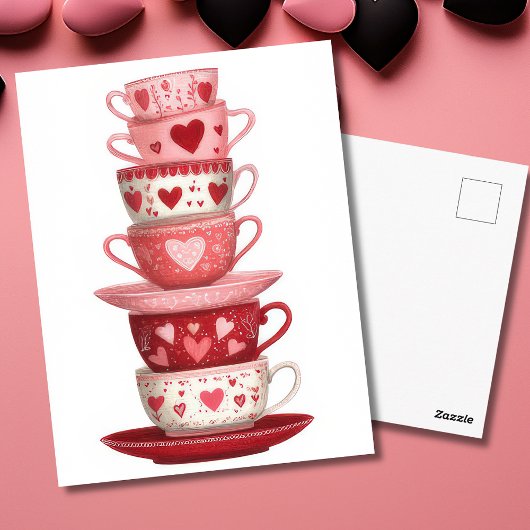 Red Pink Heart Mugs Valentine`s Day Card ポストカード