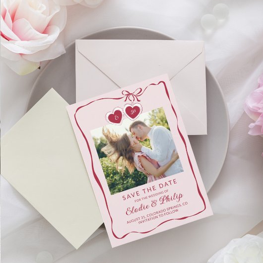 Red Pink Heart-Shaped Locket Monogram Photo セーブザデート