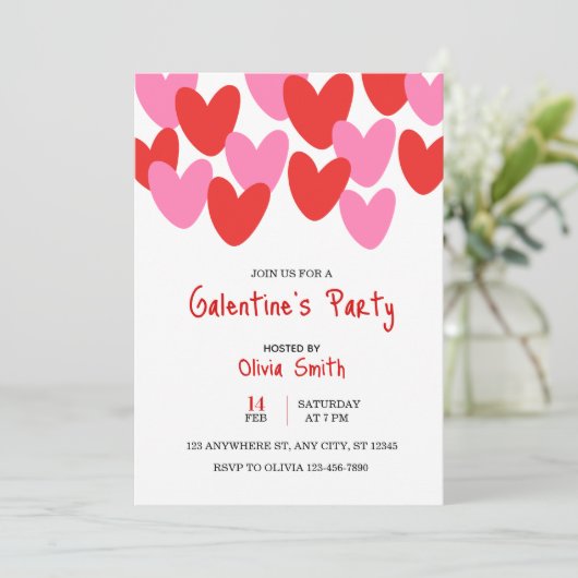 red pink hearts Galentine’s Day invitation, hearts 招待状 (スタンド正面)