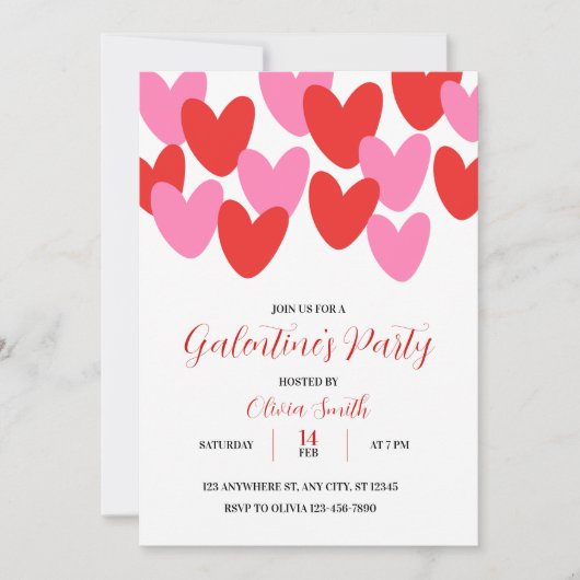 RED PINK HEARTS GALENTINES DAY PARTY INVITATION 招待状 (正面)
