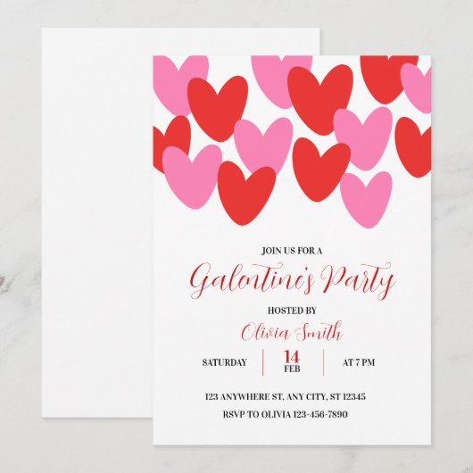 RED PINK HEARTS GALENTINES DAY PARTY INVITATION 招待状 (正面/裏面)