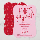 Red Pink Hello Gorgeous リボン ドゥードゥル Galentine's デー 招待状 (正面/裏面)